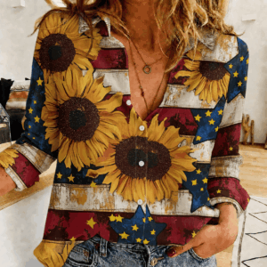 Independence Day Sunflower American Flag Casual Women’s Shirt