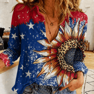 Patriotic Sunflower American Flag Women’s Casual Shirt