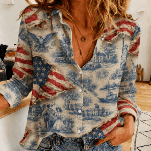 Vintage Patriotic Americana Toile Women’s Casual Shirt