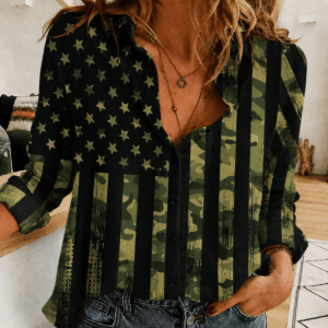 Patriotic Camo USA Flag Print Women’s Casual Shirt